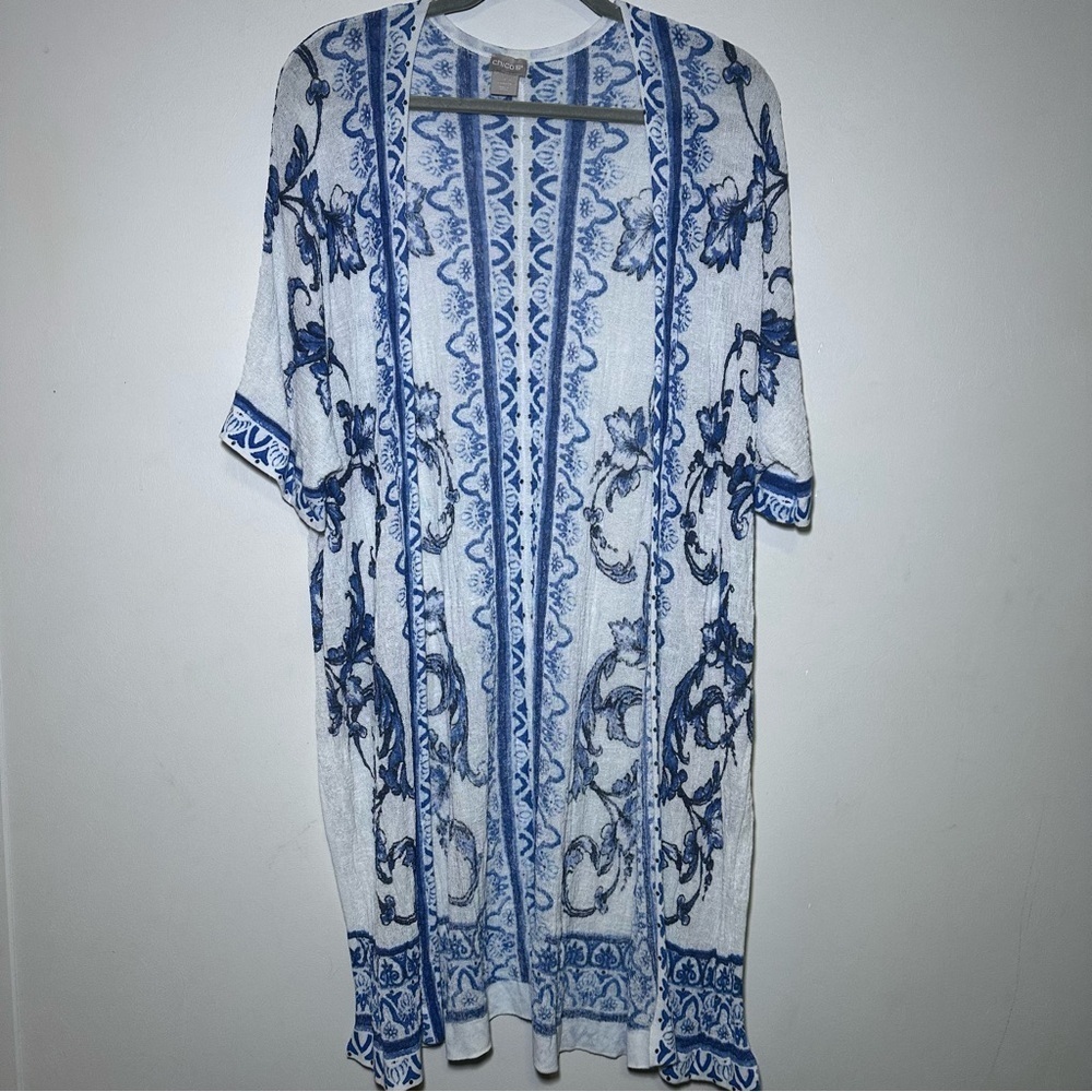 Chico’s Blue White Boho Lightweight Gauzy Longline Open Front Cardigan Kimono